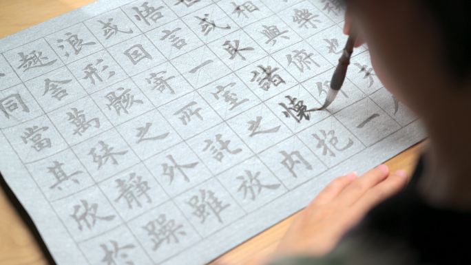 用字帖练习毛笔字的亚裔女性