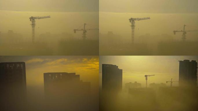 日出时建筑工地云雾缭绕飘渺景观