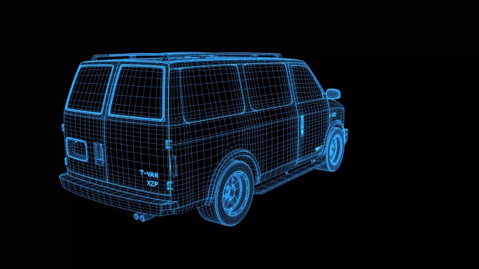 4K蓝色线框全息科技旅行车动画循环带通道