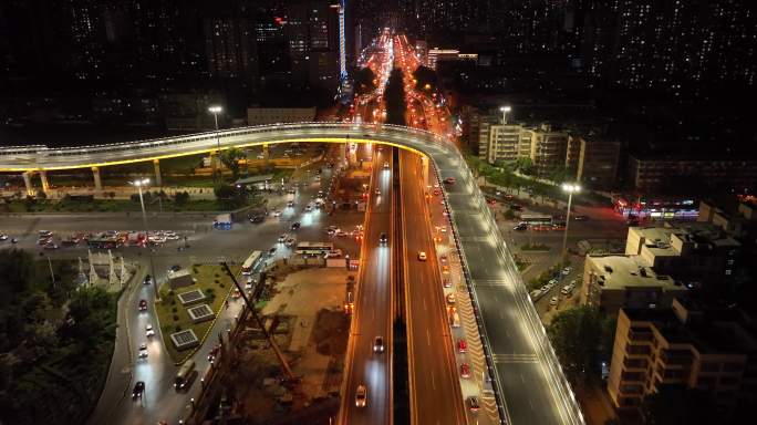 西安沣惠南路立交夜景航拍西安城市夜景交通