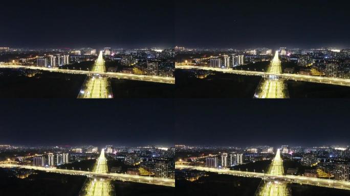 夜晚城市航拍飞行器大街繁华高楼大厦俯瞰