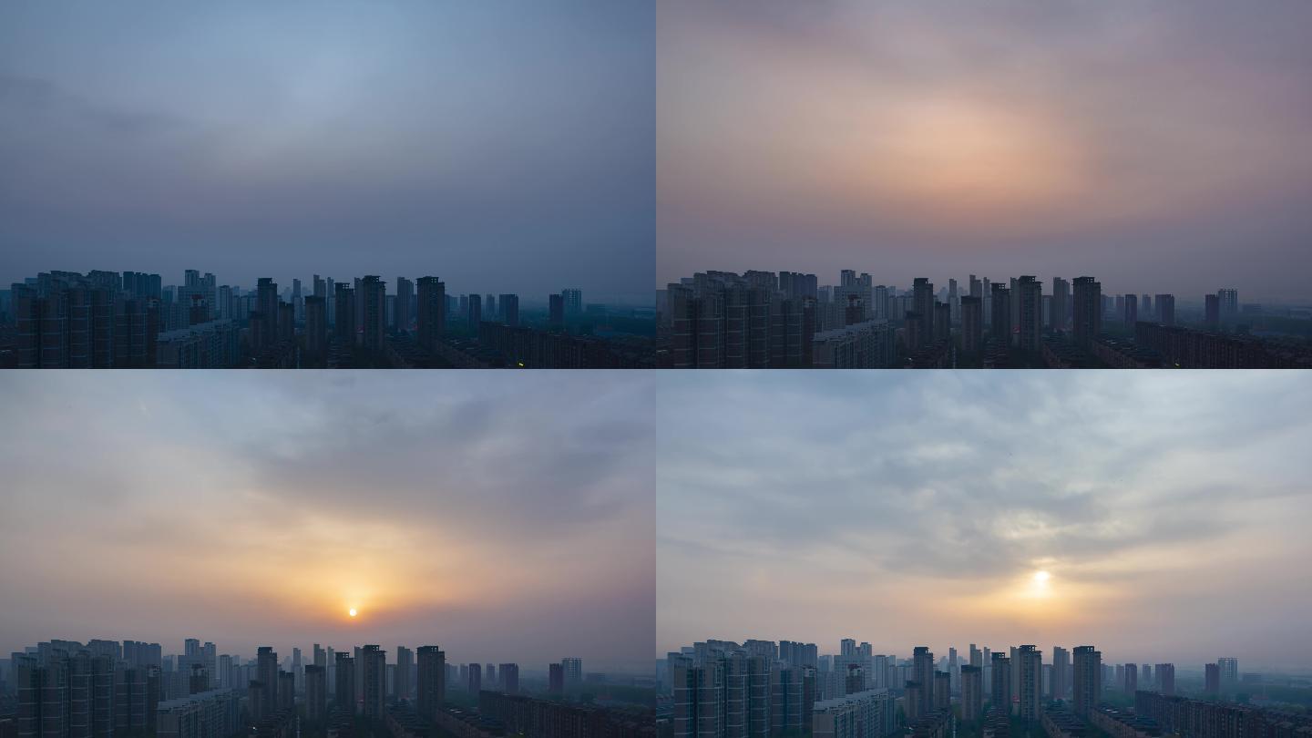 城市建筑天际线夜晚到清晨日出雾霾云雾