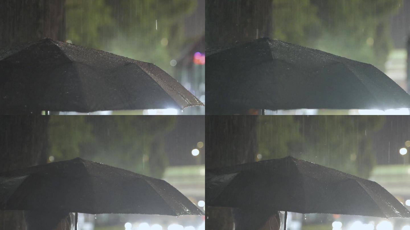 城市雨夜行人雨中打伞唯美雨伞雨滴等车回家