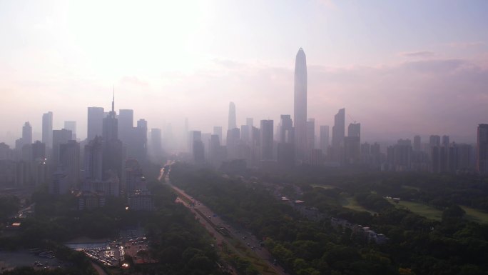 清晨雾气深圳城市高楼道路交通