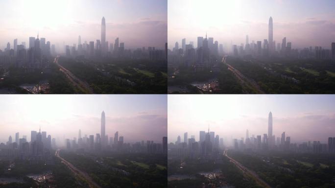 清晨雾气深圳城市高楼道路交通