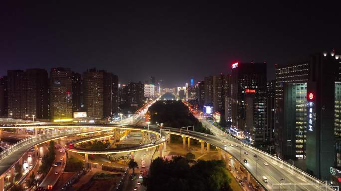 西安沣惠南路立交夜景航拍西安城市夜景交通
