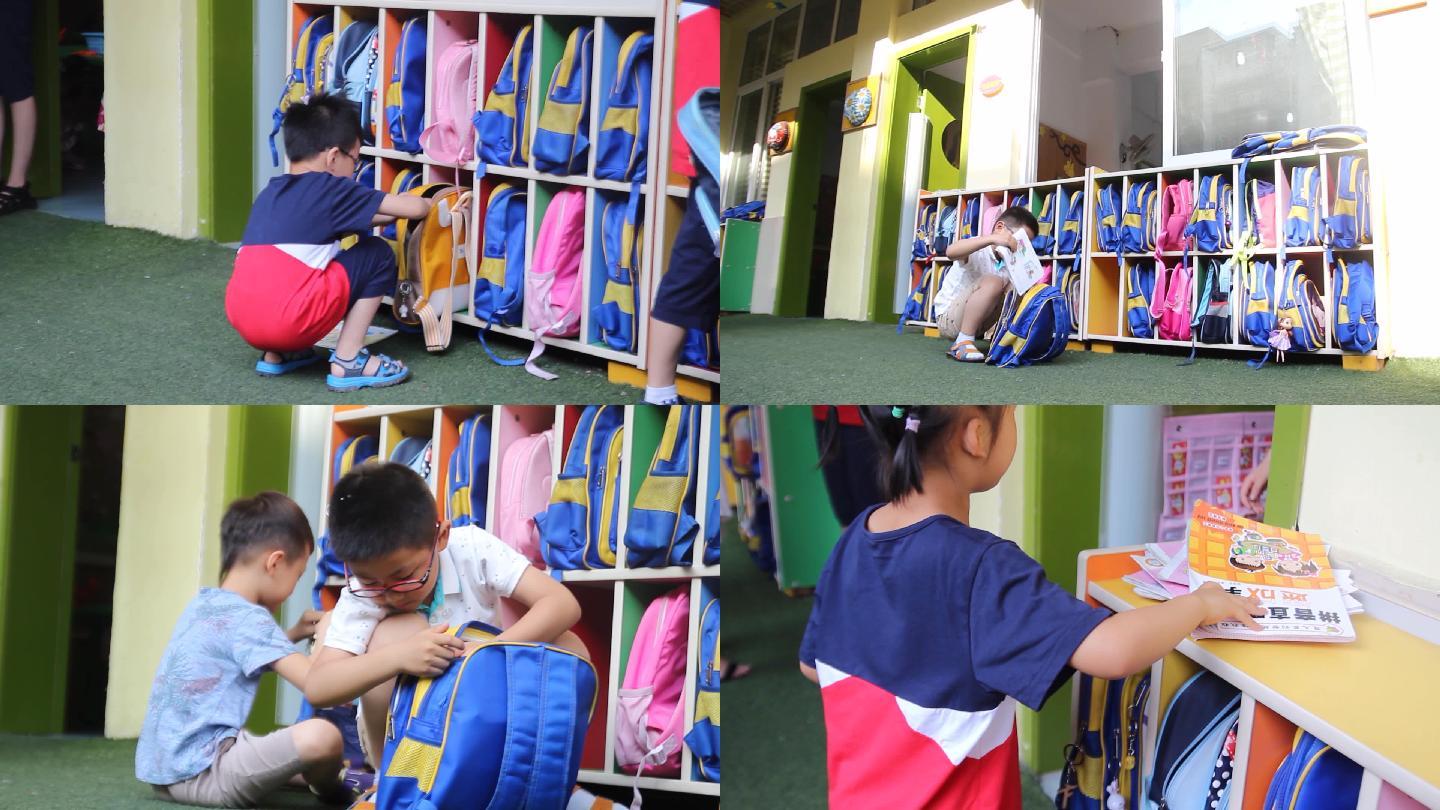 幼儿园孩子在教室门口整理书包
