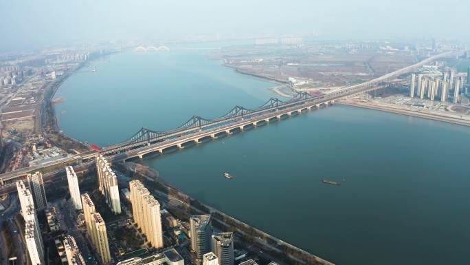 杭州钱塘江彭埠大桥高铁线路全景4K航拍