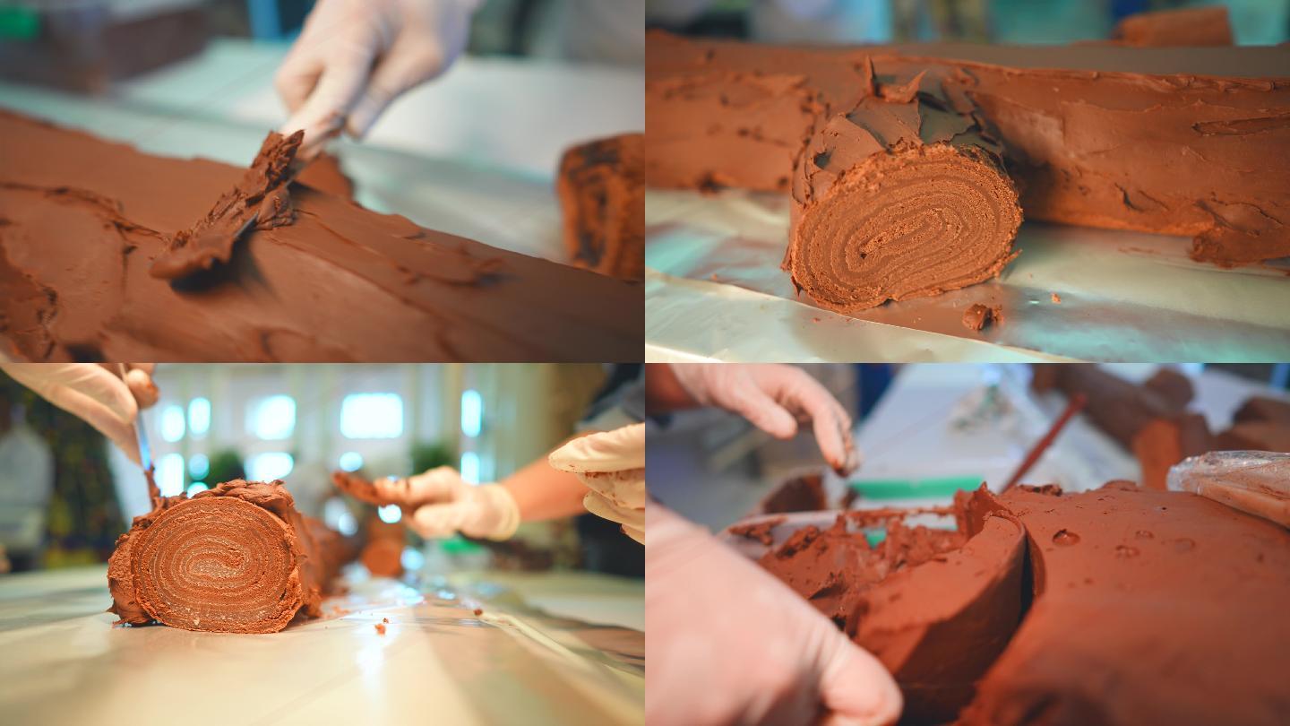 厨师用巧克力做甜点蛋糕
