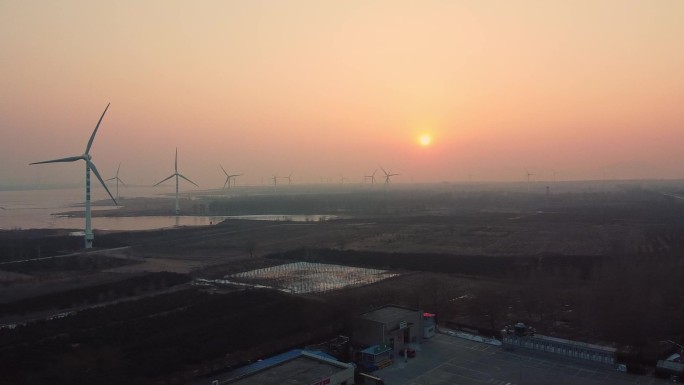 风车 日落 发电车 夕阳 北京北边 雾霾