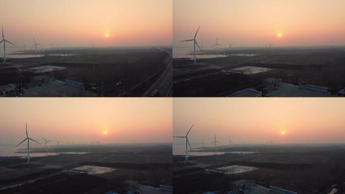 风车 日落 发电车 夕阳 北京北边 雾霾