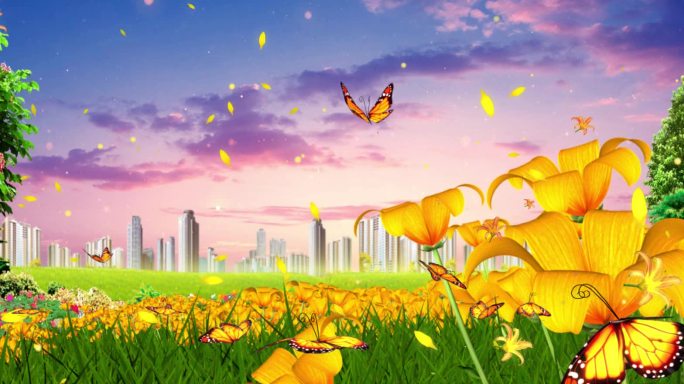 温馨大自然花儿蝴蝶城市循环背景