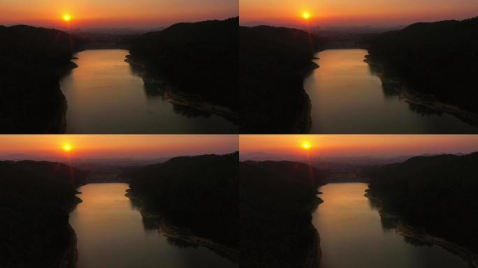 航拍湖边夕阳日落