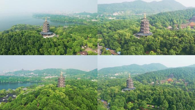 航拍杭州西湖雷峰塔净慈寺