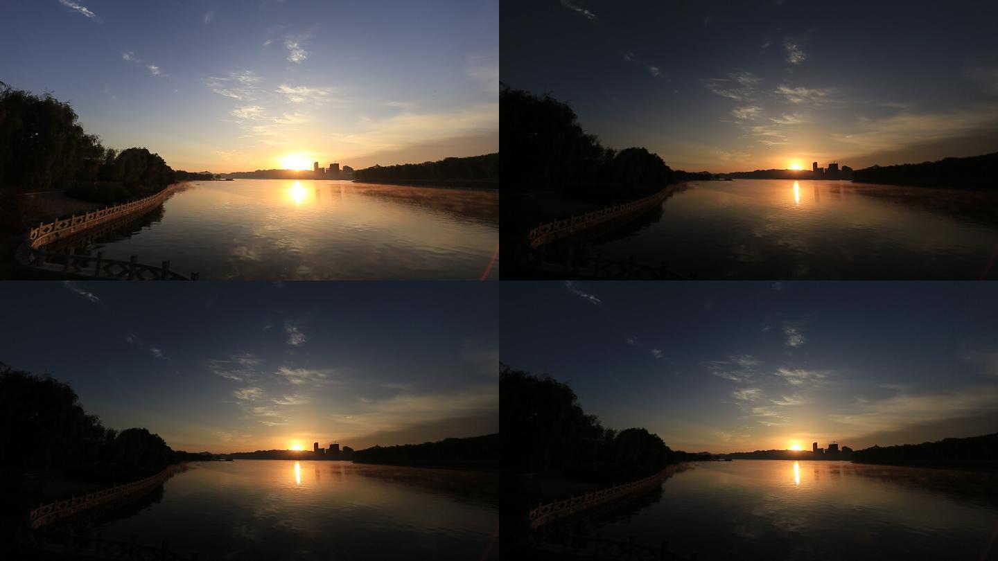 公园湖边日出 日落
