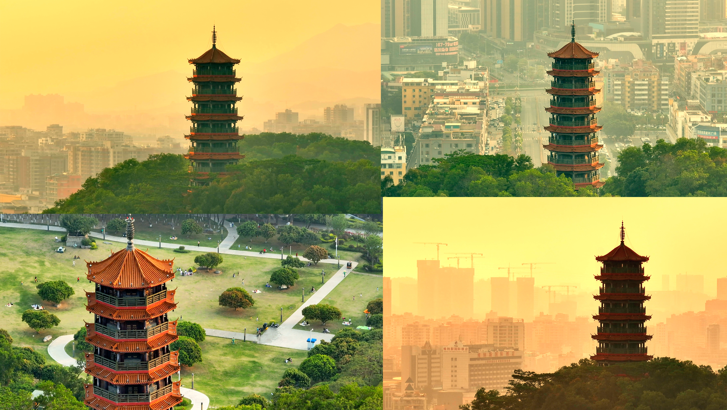 航拍深圳光明區地標-紅花山公園明和塔