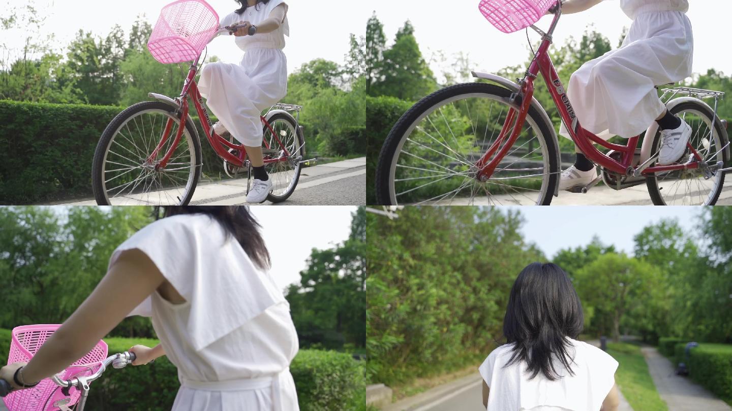 唯美女孩骑自行车骑单车田园休闲放松公园