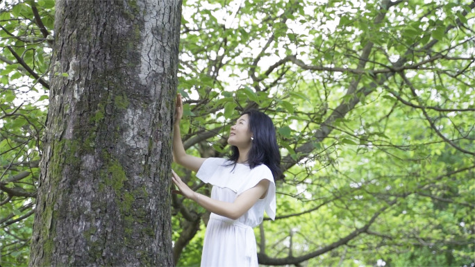 女孩森林亲近自然抚摸树干写意人与自然探寻