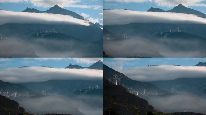 云层下高山之巅的电线杆电线塔电网系统