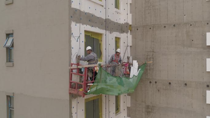 施工过程工地建筑工人施工场景高空作业航拍