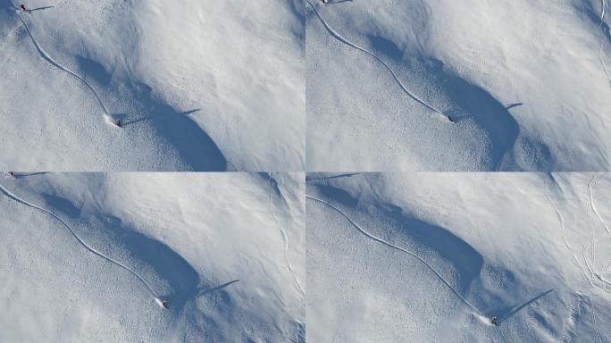 滑雪者探索冬季景观的鸟瞰图