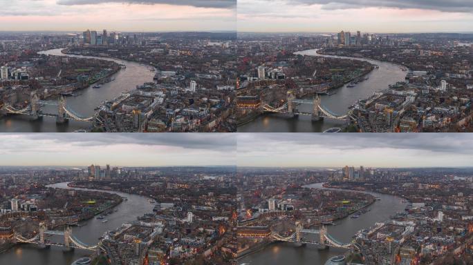 黄昏时分金丝雀码头和塔桥的伦敦天际线——4k延时（缩小）