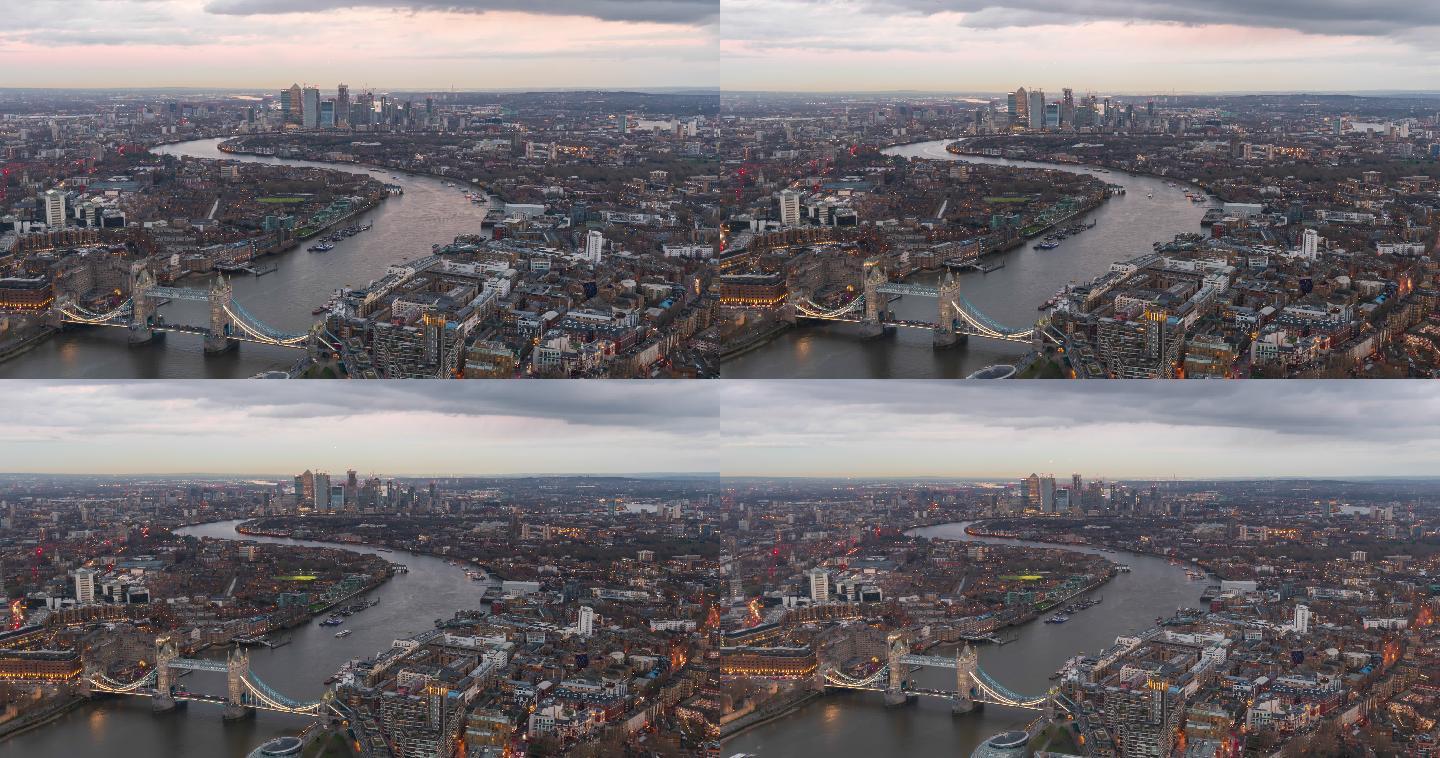黄昏时分金丝雀码头和塔桥的伦敦天际线——4k延时（缩小）