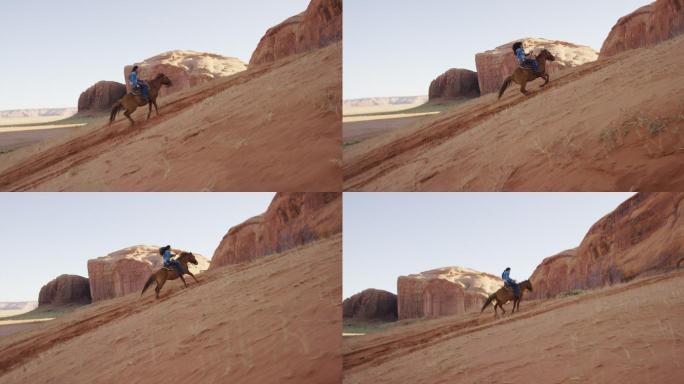 日落时分，在亚利桑那州/犹他州的纪念碑谷沙漠中，一个十几岁的美国原住民女孩（纳瓦霍人）骑着马爬上陡峭
