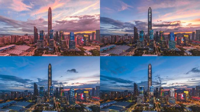 深圳现代建筑天际线从黄昏到夜晚的时间间隔/中国深圳。