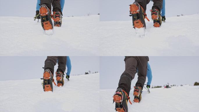 拿着冰斧爬雪山的登山者