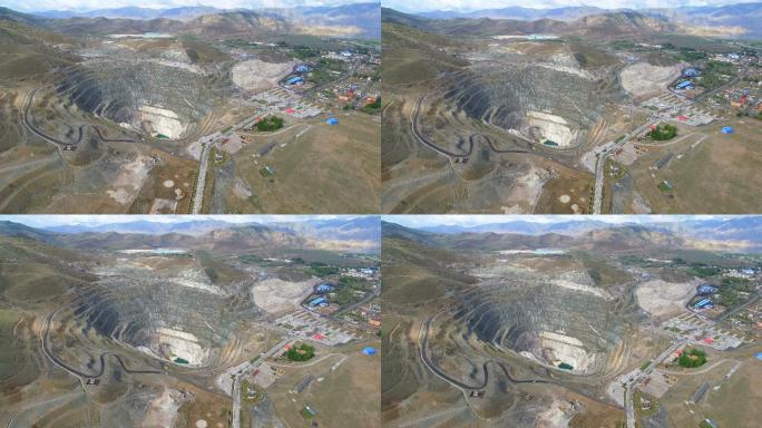 中国新疆一个巨大矿坑的鸟瞰图。