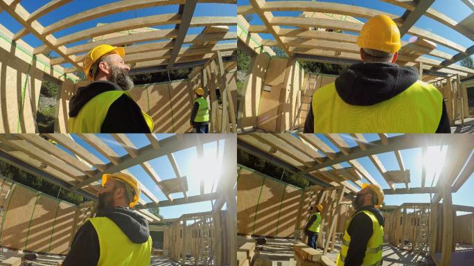 建筑监理检查预制木屋施工现场的进度