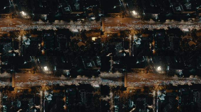 夜间城市景观的无人机视图