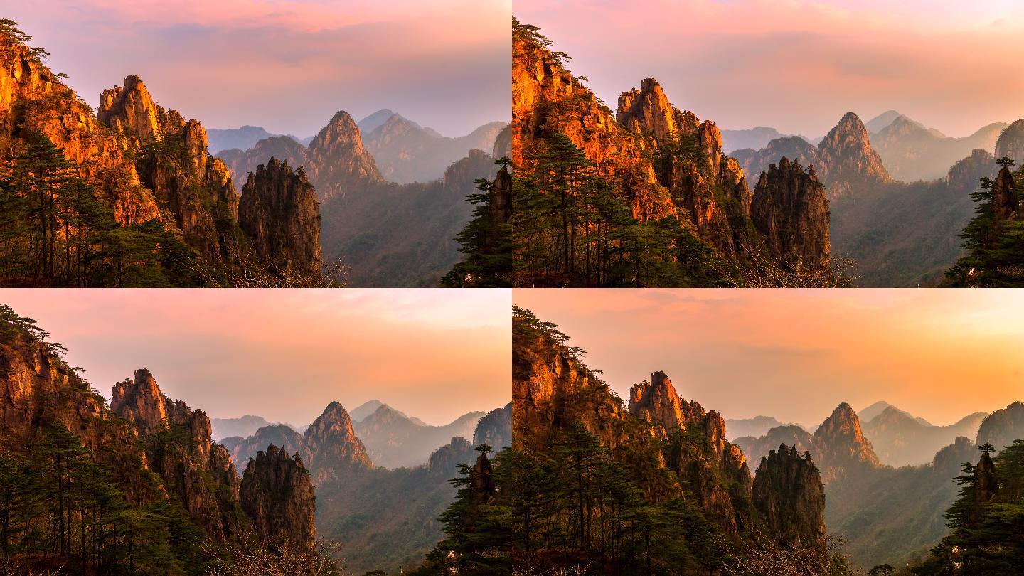 中国安徽省黄山国家公园雾景4K延时日落