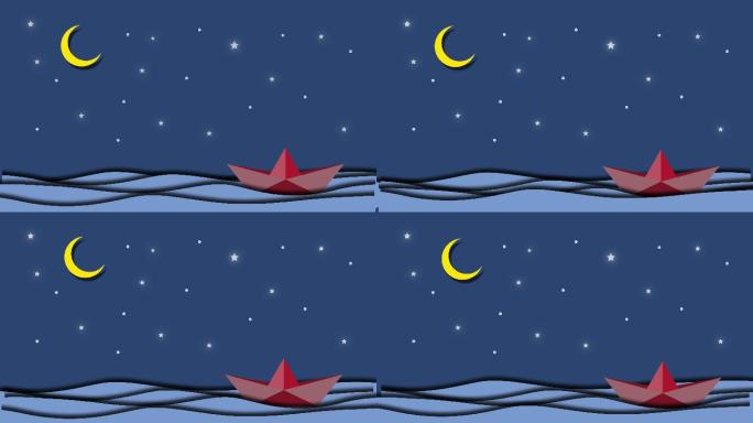 动画船是在月光和星星的海洋下航行，晚安和甜蜜的梦想折纸手机概念。