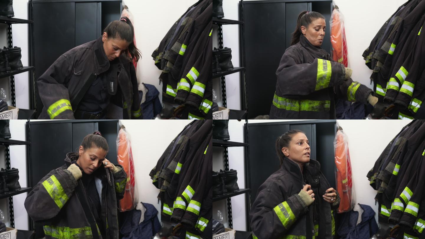 女消防员在装备室穿上救生衣