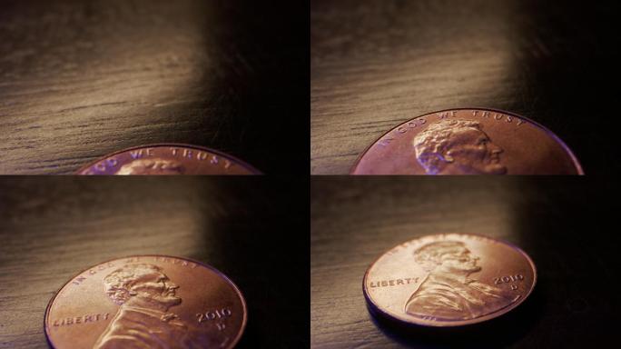 极端特写宏观移动滑块拍摄了一枚价值1美分的美元硬币的顶部