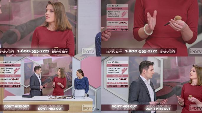 美国电视广告蒙太奇：女化妆师在电视广告秀上展示化妆刷