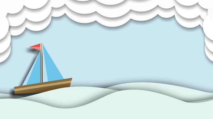 船在有云和太阳的海上航行。折纸的概念
