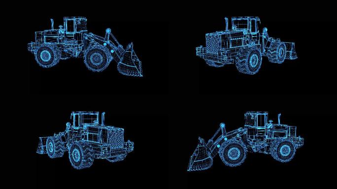 4K蓝色线框全息科技推土机动画带通道