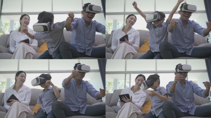 亚洲家庭使用虚拟现实。或者周末假期在家里的虚拟现实。