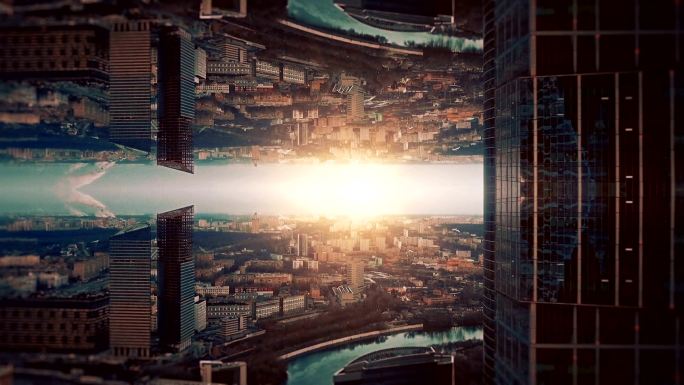 未来城市空中背景。镜像效应