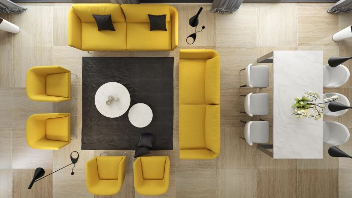 现代极简主义公寓室内设计。带厨房和餐厅的客厅