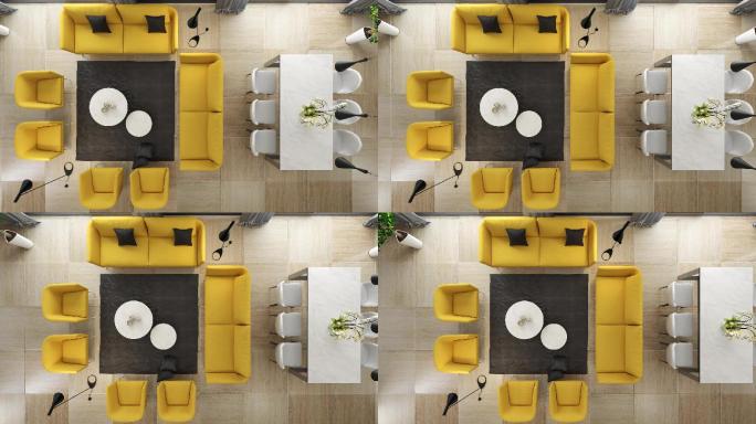 现代极简主义公寓室内设计。带厨房和餐厅的客厅