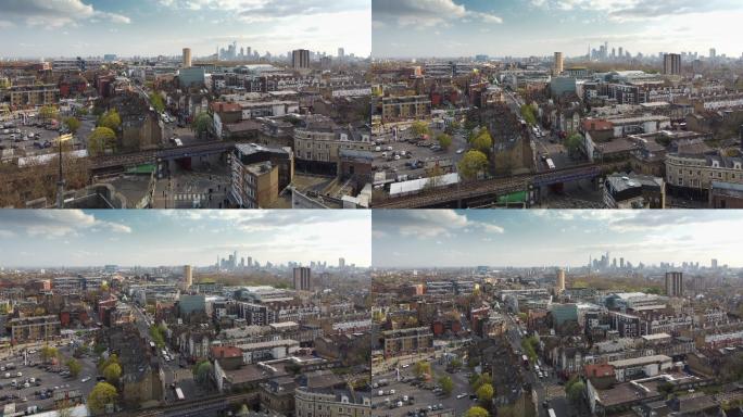 伦敦创业者无人机拍摄的圣奥古斯丁大厦，前景是哈克尼，距离城市天际线3英里