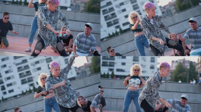 粉色头发的时髦女人在跳霹雳舞