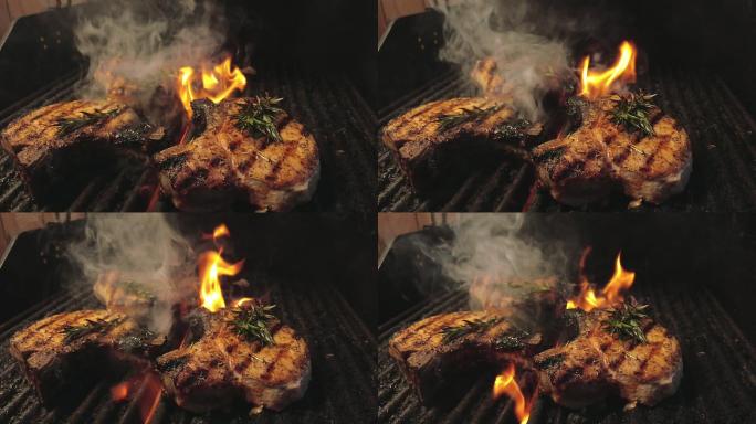 烤猪排配香料和香草在科罗拉多州西部烧烤庆祝4K视频