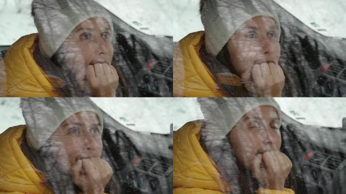 汽车POV。第一次下雪后，在雪地里开车时休息一下。滑雪胜地的寒假。乘客透过车窗向外看。