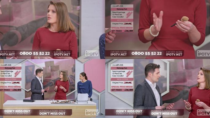 英国电视广告蒙太奇：女化妆师在电视广告秀上展示化妆刷