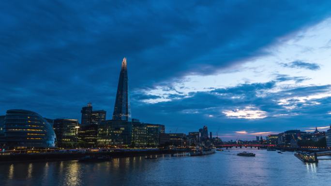 英国伦敦南华克市政厅和泰晤士河碎片的4k时间图像，时间流逝
